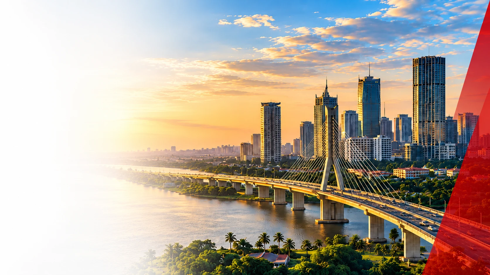 Paysage urbain africain traversé par un pont au coucher du soleil